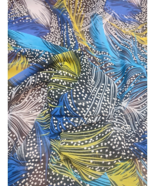 Delikatna tkanina szyfon - wzór w niebieskie i żółte pióra